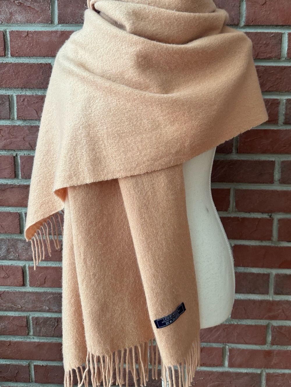 Camel Fringed LambsWool Throw Shawl Oversized Scarf 27”x76”